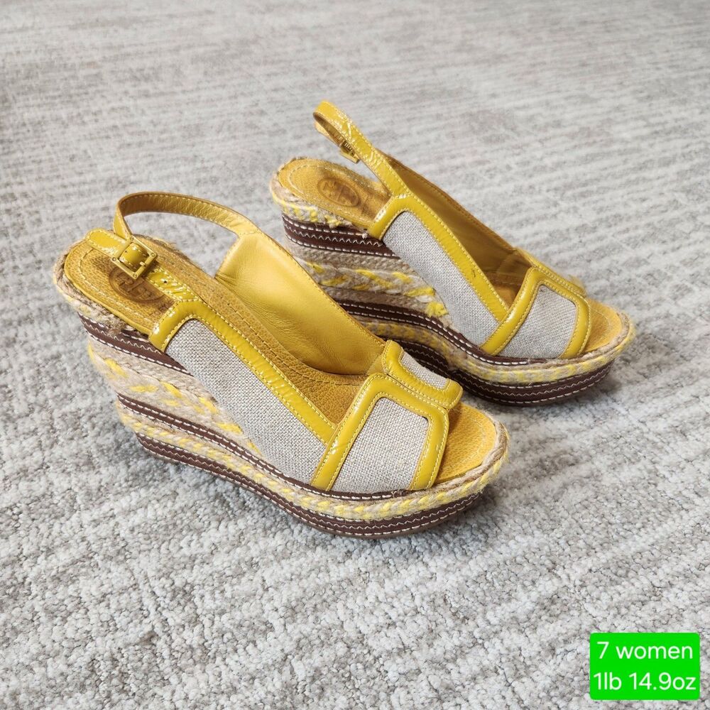 Tory Burch peep-toe espadrille slingback wedge sandal yellow size 7